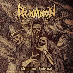 Almanon album cover—glyph of primal fire and infernal distortion, links to Primitive Infernal review & interview