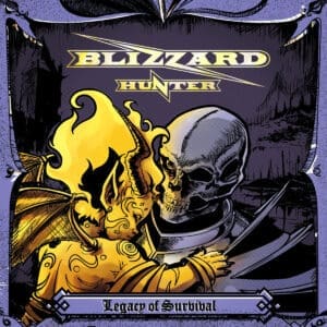 Blizzard Hunter album cover—glyph of survival and sonic frost, links to mythic review of power metal resilience