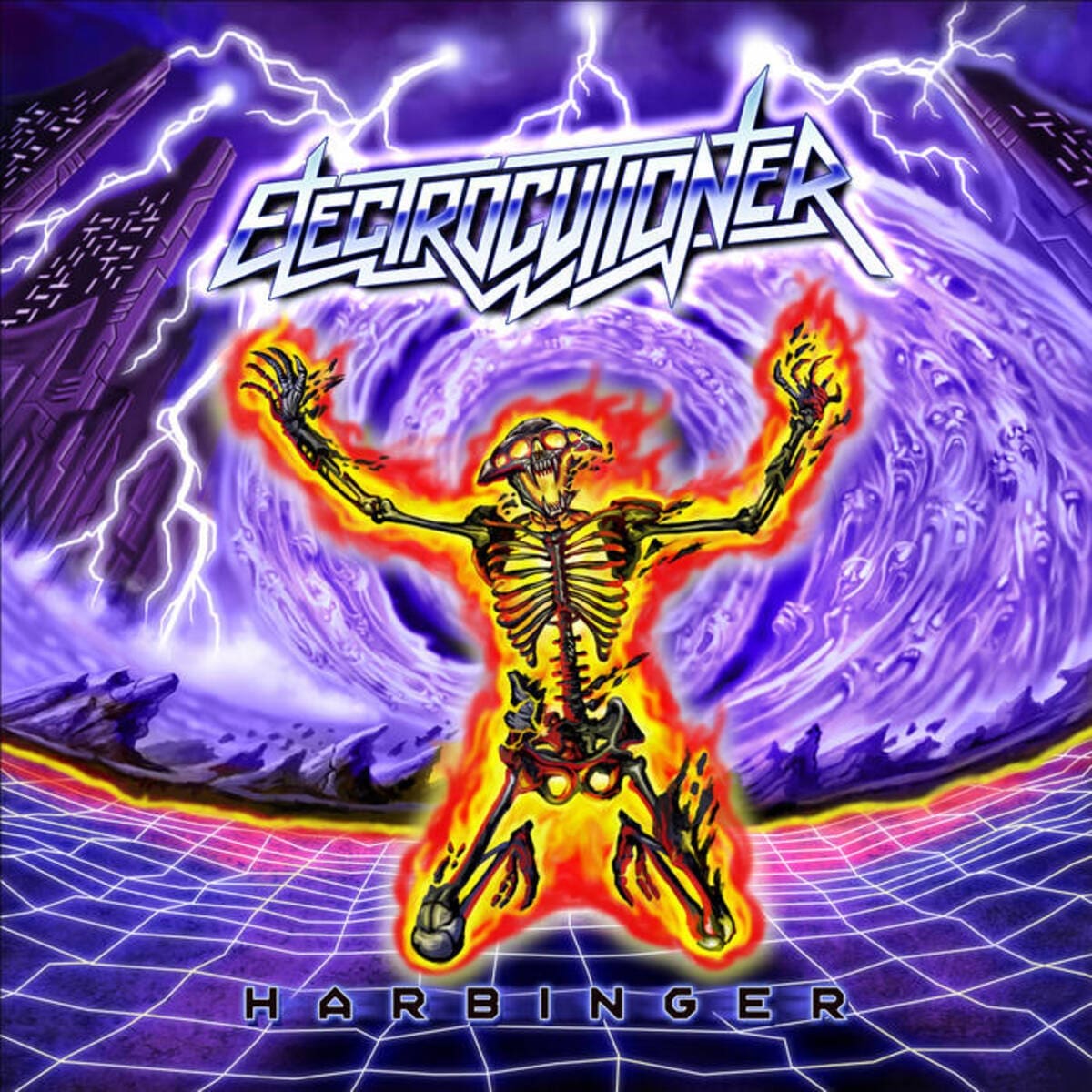 “Electrocutioner album cover—glyph of electrified wrath and sonic prophecy, links to Harbinger review.”