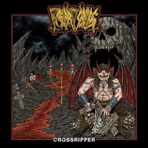Bastard Cross — Crossripper Album: shattered crucifix splintered across desecrated altar, iron nails twisted into serpents, skeletal preacher cloaked in ash raising a jagged censer, blackened smoke curling into inverted halos, rust‑stained chains coiled around fractured stone pillars, storm‑lit sky torn by lightning cruciform, band logo carved in bone above, title “Crossripper” gouged below.