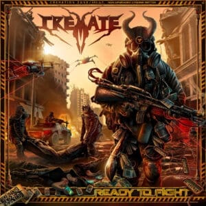 Cremate — Ready to Fight Album: scorched battlefield altar strewn with shattered helmets, skeletal warrior rising from pyre of ash, rusted blade clenched in bone‑white fist, banners torn into burning shrouds, iron chains coiled like vipers around fractured shields, storm‑clouds ignited by crimson fire, jagged band logo carved in smoke above, title “Ready to Fight” branded below.