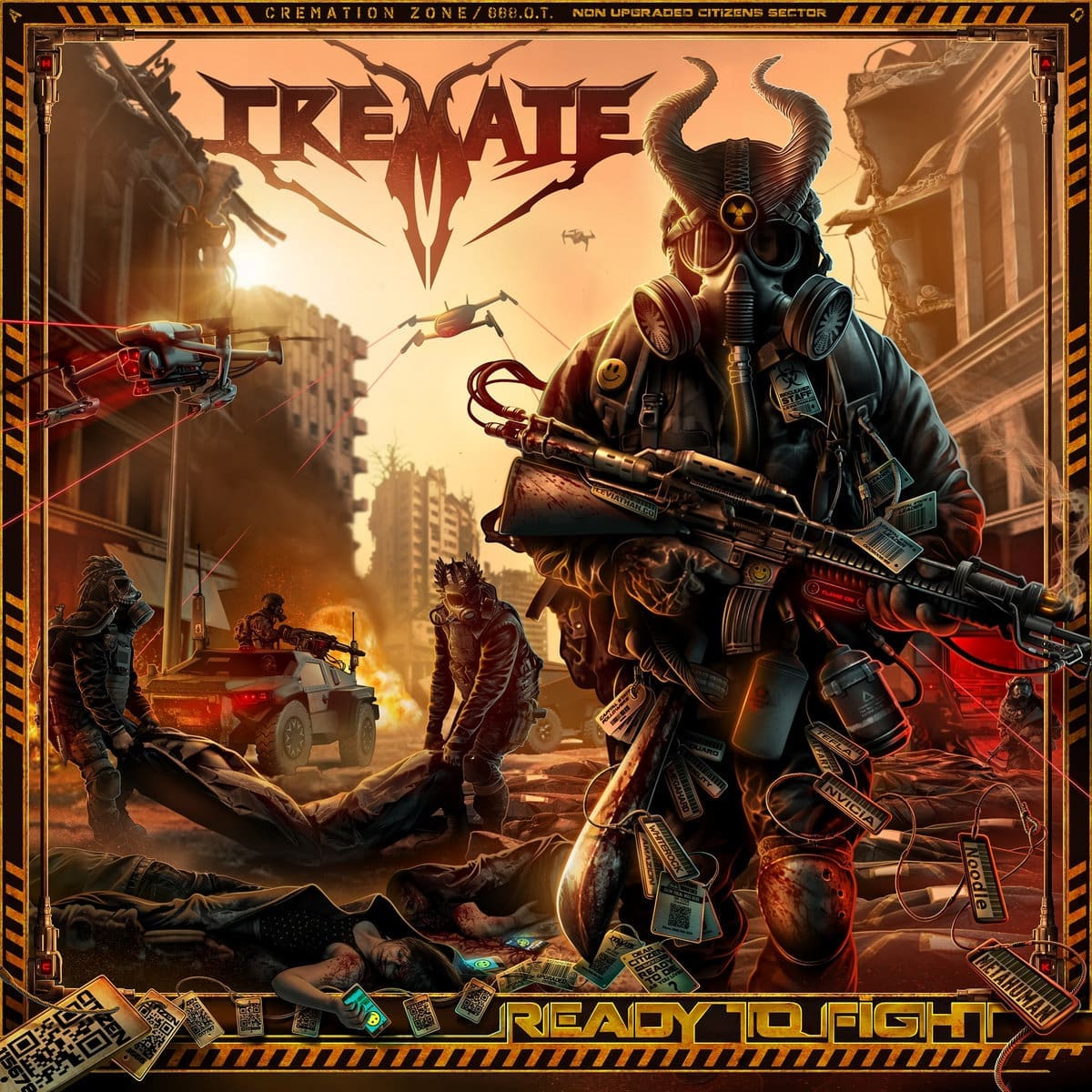 Cremate — Ready to Fight Album: scorched battlefield altar strewn with shattered helmets, skeletal warrior rising from pyre of ash, rusted blade clenched in bone‑white fist, banners torn into burning shrouds, iron chains coiled like vipers around fractured shields, storm‑clouds ignited by crimson fire, jagged band logo carved in smoke above, title “Ready to Fight” branded below.