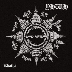 YHWH — Khatha Album: cavernous crypt shrouded in smoke, jagged altars rising from scorched earth, skeletal torches burning with pale fire, a triad of figures cloaked in shadow and bone stands before a monolithic gate, sigils carved into stone bleed with hostile light, storm‑clouds coil above as chains and rusted blades hang from the walls, title “Khatha” etched into fractured granite at the sanctum’s threshold.