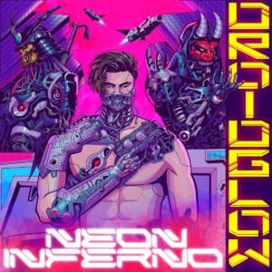 Droidglow album cover — cybernetic glyph of digital dread, horned sentinels flanking a mechanised officiant mid-transmission. Neon-lit sky torn by spacecraft. Links to mythic review of synthetic fire and ritual descent.