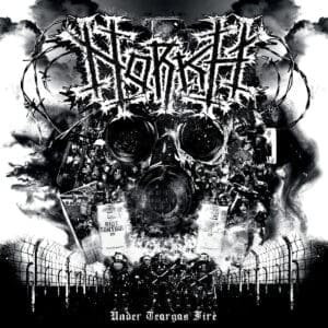 Norkh album cover — monochrome glyph of suffocating unrest, gas-masked officiant enthroned amid riot control and barbed resistance. Links to mythic review of sonic protest and ritual fury.