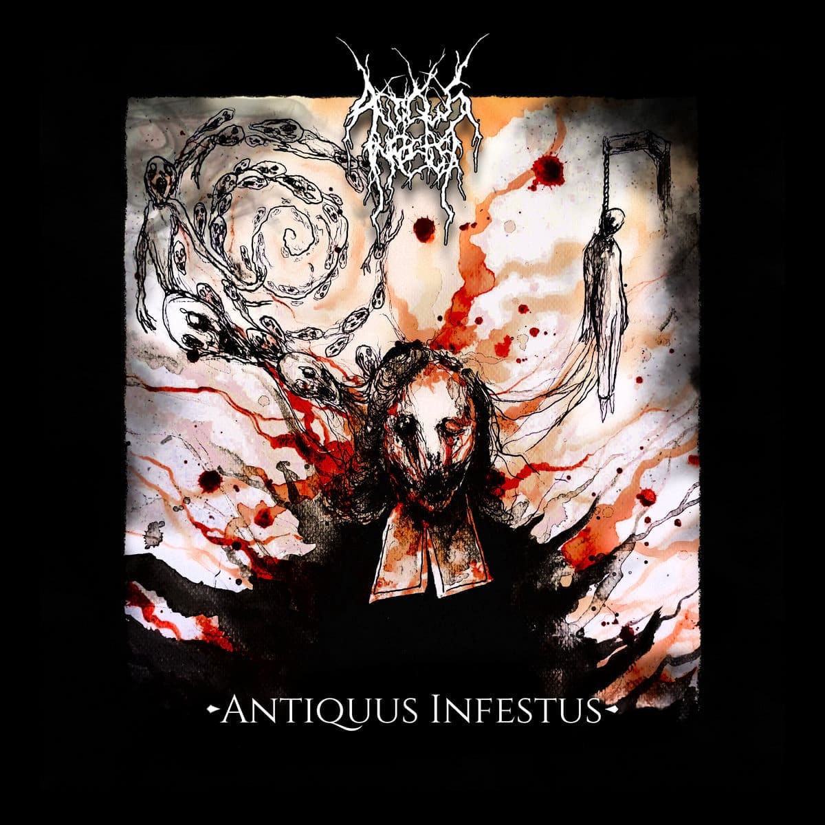 Antiquus Infestus — Self‑Titled Album: nightmare rite within blood‑soaked chaos, faceless Puritan specter with white collar, chained souls spiraling outward, hanging figure looming in shadow, thorn‑like band logo above, title “Antiquus Infestus” below.