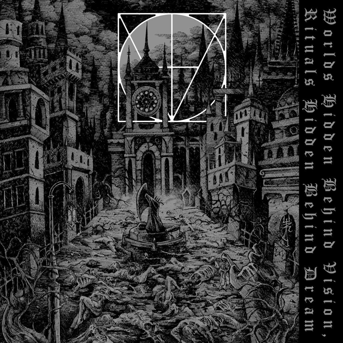 Consanguine — Worlds Hidden Behind Vision, Rituals Hidden Behind Dream: nightmare rite in crimson fog, gothic spires dissolving into shadow, faceless figure cloaked in eldritch veil, ancestral silhouettes pressing close, band logo jagged and thorn‑like above, title inscribed below in spectral script.