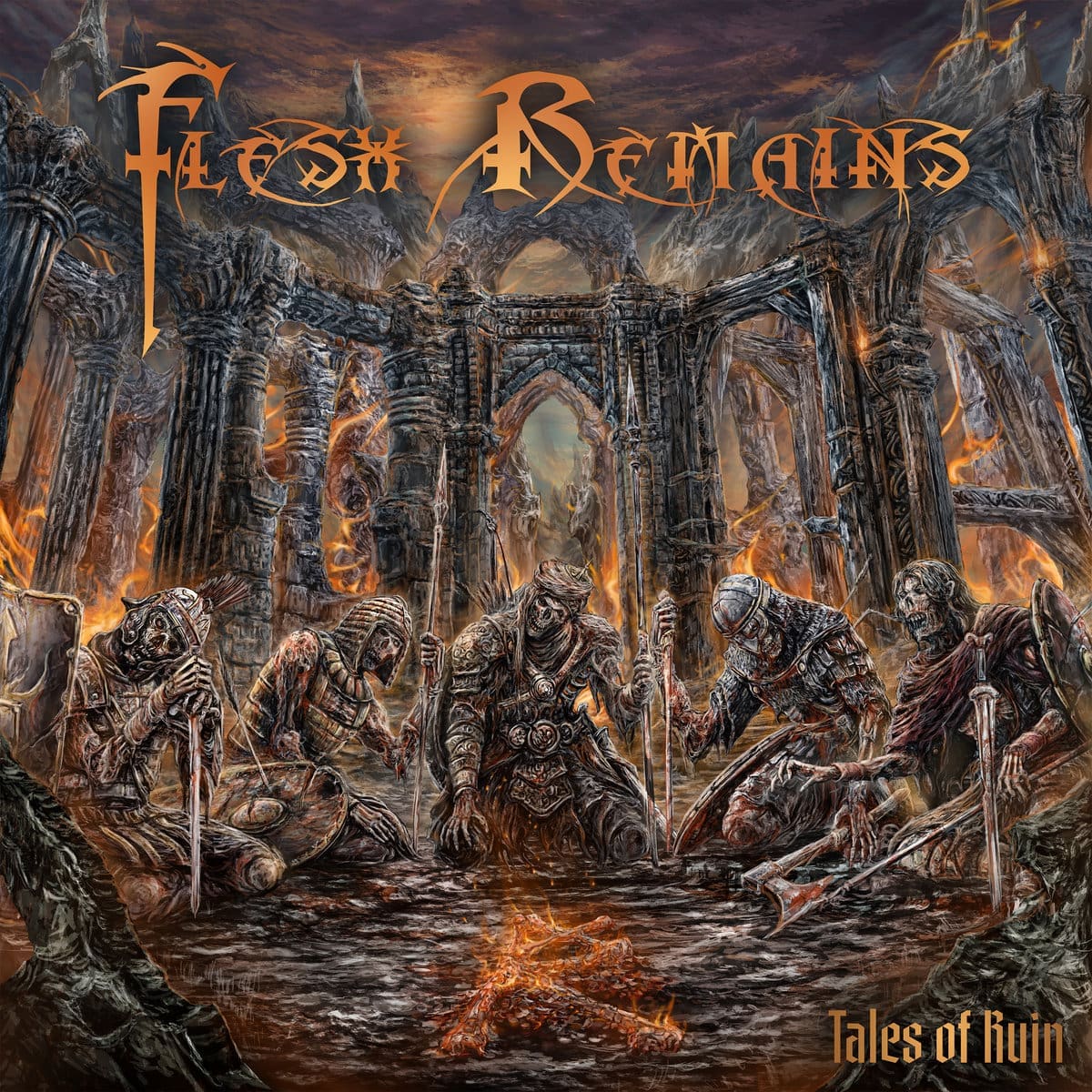 Flesh Remains — Tales of Ruin: apocalyptic rite within flame‑scarred ruins, armored silhouettes kneeling in ash, gothic arches collapsing in smoke, orchestral shadows entwined with death metal fury, echoes of myth and ruin carved in stone.