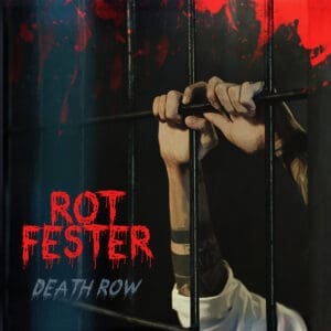Rot Fester — Death Row Album: desecrated gallows within crumbling prison chapel, hooded executioner enthroned upon rusted chair, chains rattling like serpents across cracked stone floor, skeletal hands clutching broken scales, blood‑red moon burning through iron bars, jagged band logo carved above, title “Death Row” etched below.