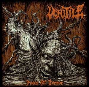 Vomitile, album cover — scorched battlefield of bone and ash, war-torn sigils erupting from the abyss, echoes of militant decay and guttural invocation.