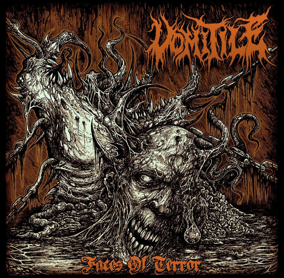 Vomitile, album cover — scorched battlefield of bone and ash, war-torn sigils erupting from the abyss, echoes of militant decay and guttural invocation.