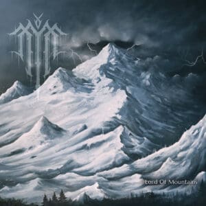 Mytherine — Lord of Mountains Album: towering peaks shrouded in storm‑clouds, colossal stone throne carved into the mountain’s heart, crowned by jagged spires and eternal snow, a sovereign figure armored in granite and gold gazes down from the summit, rivers of mist coil through valleys below, banners of frost and iron ripple against the gale, sacred runes etched into cliff‑faces glowing with pale fire, title “Lord of Mountains” engraved upon a monolithic slab at the mountain’s base.